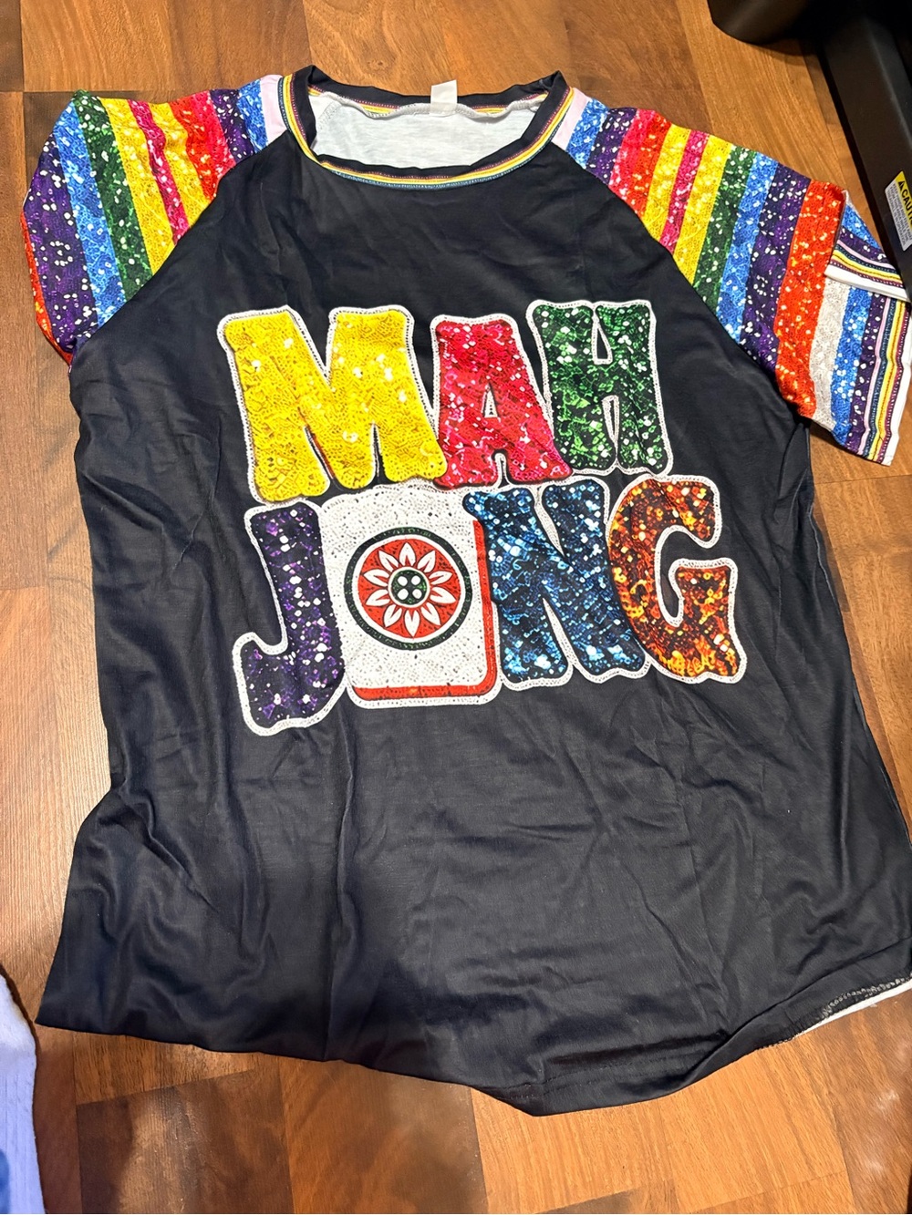 Mah Jong Black Graphic Tee with Rainbow Sleeves